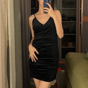 FOREVER 21 Black Velvet Ruched V Neck Rainbow Studs Fitted Night Out Mini Dress